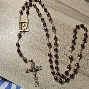 Vintage Gold Tone and Burgundy Faux Pearl Catholic Rosary Necklace Cross
